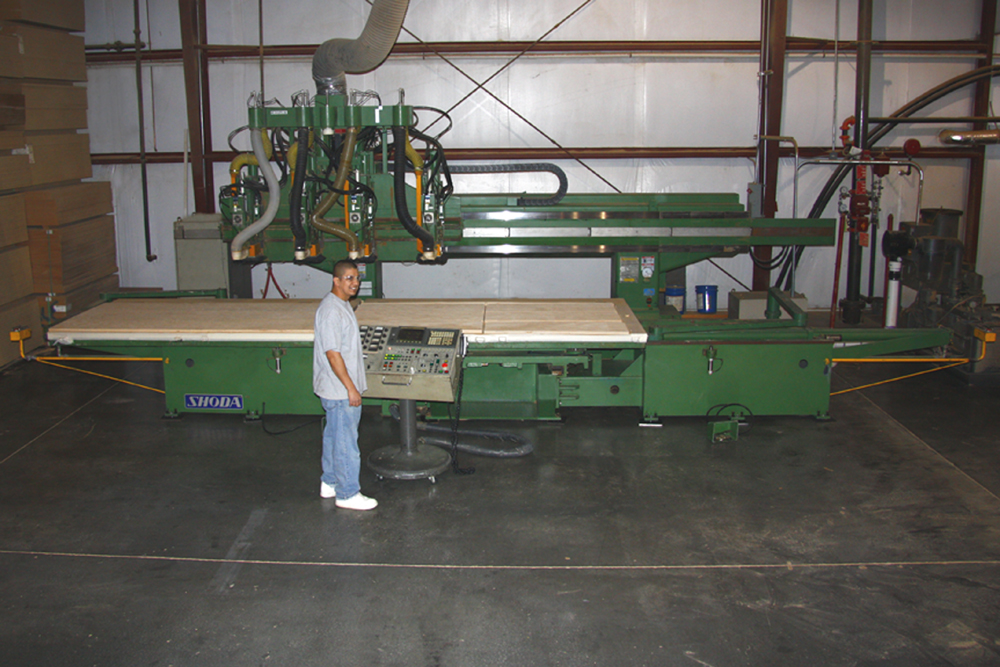 Shoda 4 Head Pallet Changing CNC Router: This is a Dual Table 5' x 8-1/2' 4 Headed CNC Router that is capable of continuous production. It can cut 4 identical parts at the same time and once the sheet is finished the machine automatically unloads and loads another sheet in 20 seconds. When you need a lot of parts fast at a low price this is the machine to use.